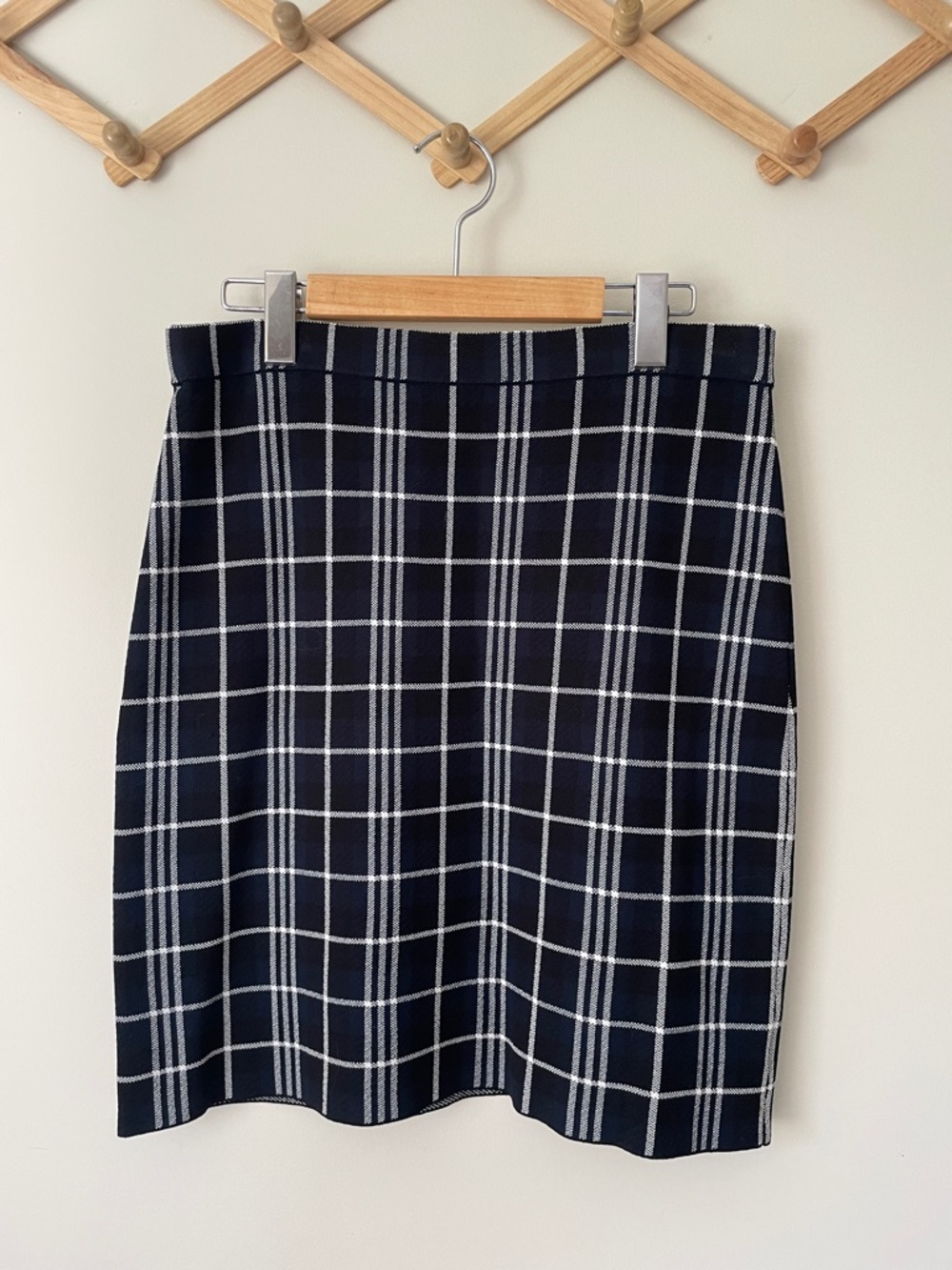Theory Navy and White Windowpane Pencil Skirt